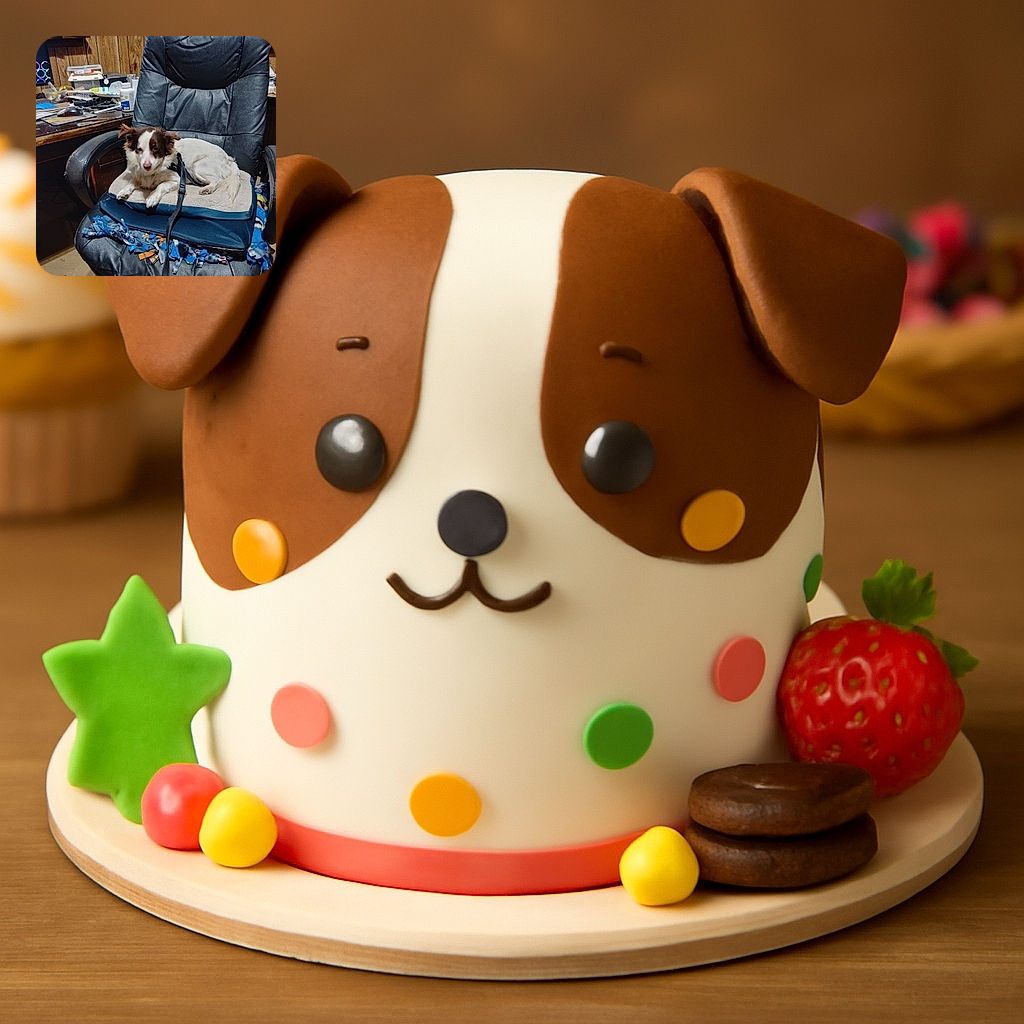 A cozy little dog lounges comfortably on a well-used black office chair with a layered cushion and a colorful blanket underneath. The background shows a cluttered desk with various items, giving a homey and lived-in vibe.