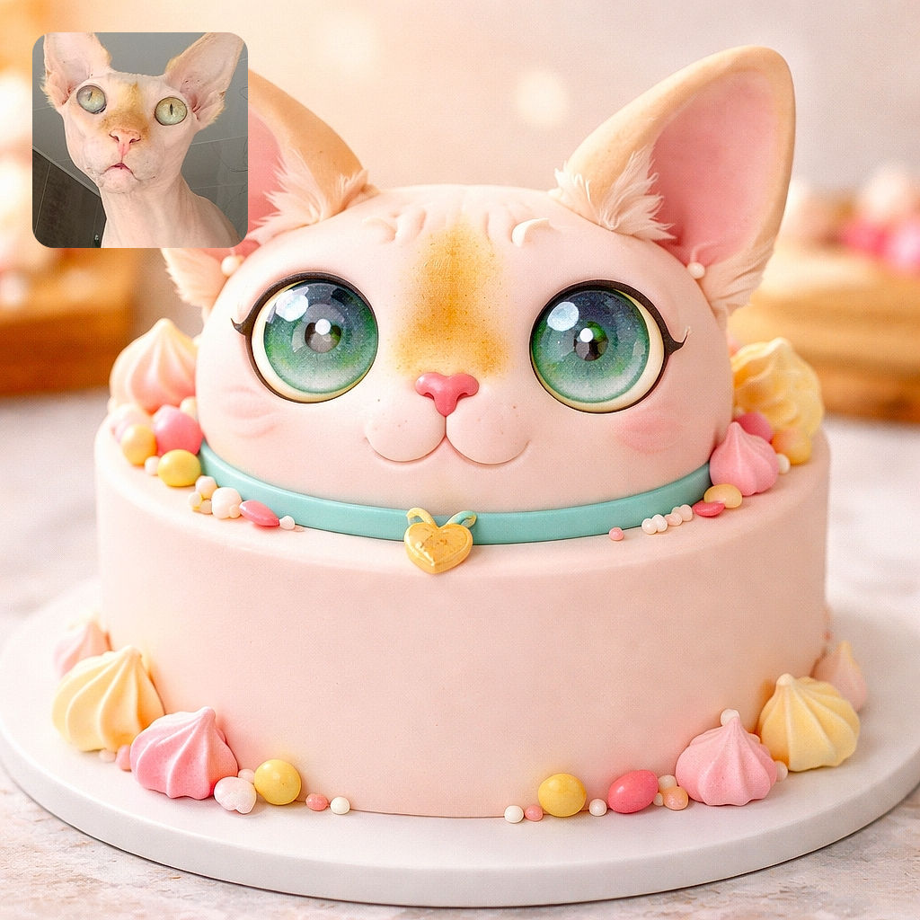 A close-up portrait of a curious Sphynx cat with large green eyes and oversized ears, looking directly at the camera with a slightly surprised expression. The background is an indoor setting with neutral tones, highlighting the unique features of the hairless feline.