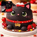 A very unimpressed black cat channeling diva energy in a red polka-dot dress and a gold bee pendant — yellow eyes glowing like tiny lanterns while it tolerates fashion for the photo. A couple of rings lie nearby on the bed as if offering tribute; the cat accepts in silent, judging grace.