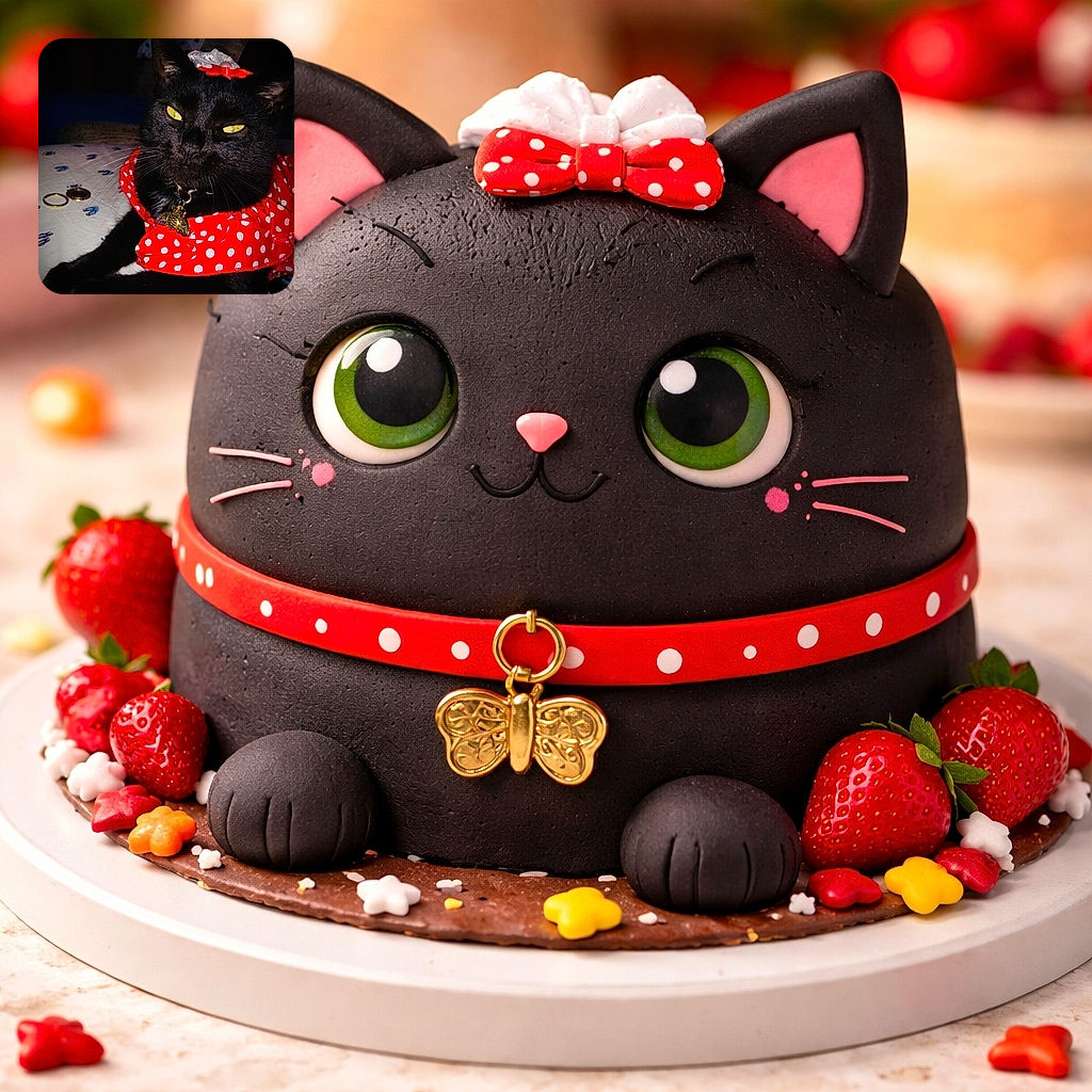 A very unimpressed black cat channeling diva energy in a red polka-dot dress and a gold bee pendant — yellow eyes glowing like tiny lanterns while it tolerates fashion for the photo. A couple of rings lie nearby on the bed as if offering tribute; the cat accepts in silent, judging grace.