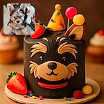 A tiny, wet-furred puppy stares curiously into the camera with big, perky ears and shiny eyes, sitting on a textured rug with a blurred white and red plush toy in the background.