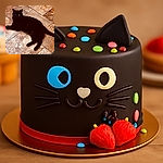 A sleek black cat is lounging on a textured tiled floor, its eyes catching the light with one eye reflecting blue and the other yellow, creating a mysterious and slightly mischievous vibe.