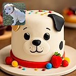 A charming white puppy with a spotty black ear and nose sits patiently on the grass, sporting a colorful blue and orange collar. The sunlight gently highlights its soft fur, making it look like the star of a sunny day outdoor photo shoot.