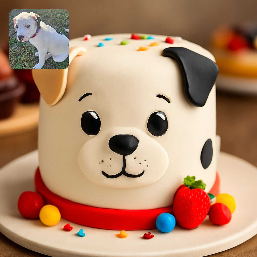 A charming white puppy with a spotty black ear and nose sits patiently on the grass, sporting a colorful blue and orange collar. The sunlight gently highlights its soft fur, making it look like the star of a sunny day outdoor photo shoot.