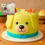 A happy golden retriever with a slightly greenish tint on its fur is sitting on a tiled floor, tongue out and looking cheerful, probably after some playful outdoor fun that left a bit of grass and dirt on its coat.