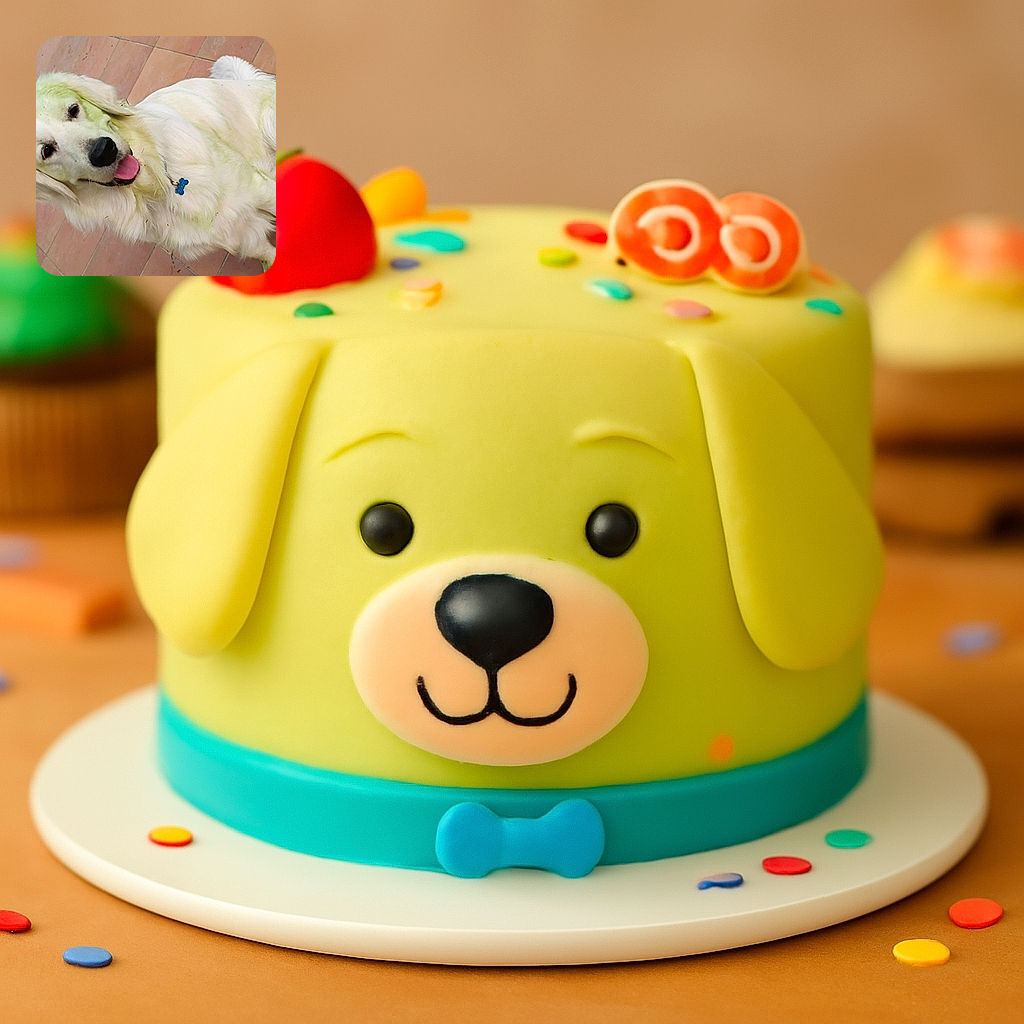 A happy golden retriever with a slightly greenish tint on its fur is sitting on a tiled floor, tongue out and looking cheerful, probably after some playful outdoor fun that left a bit of grass and dirt on its coat.