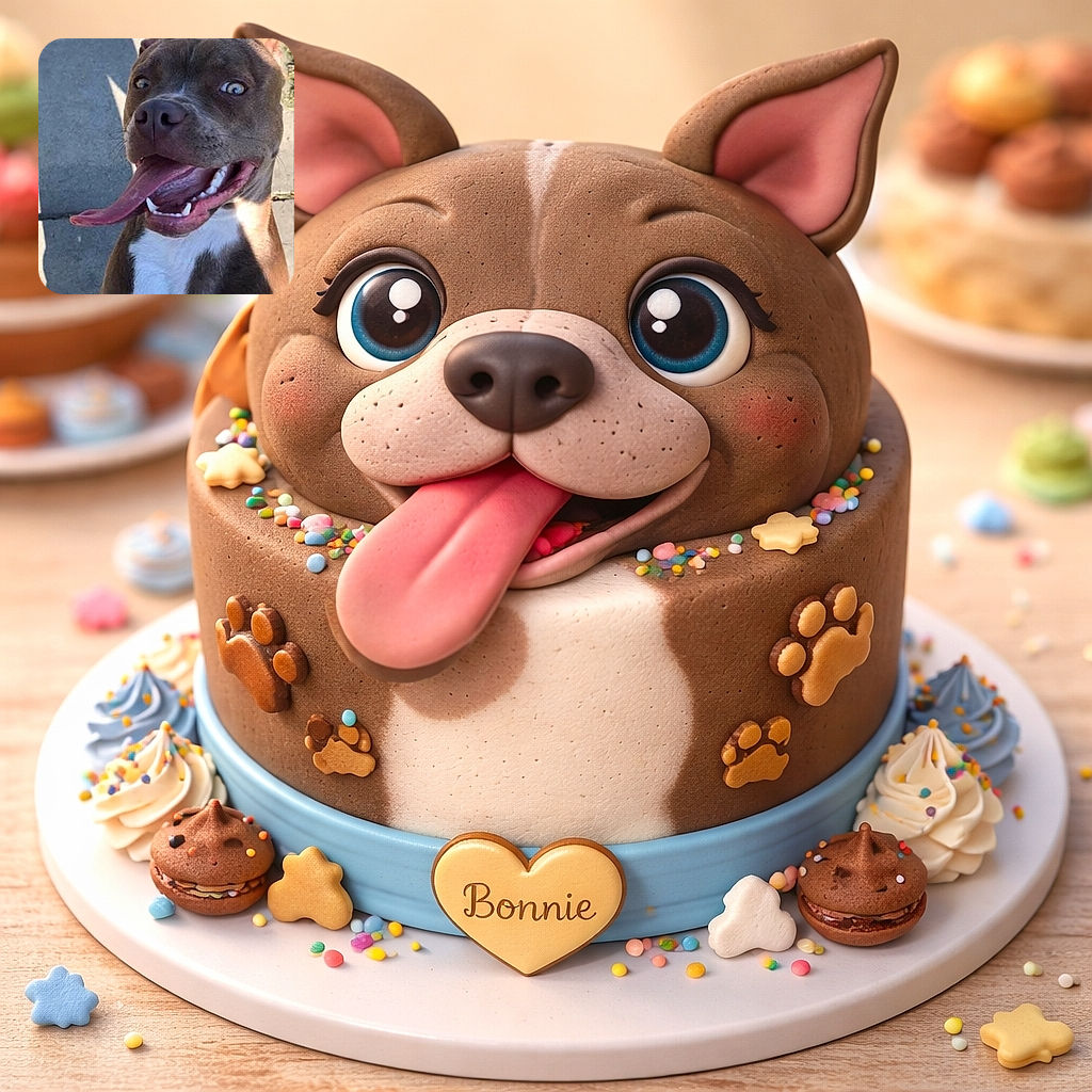 A goofy dog with a huge tongue hanging out looks like it's caught mid-laugh on a sunny sidewalk, with the name 'Bonnie' scribbled in bright red above, adding a playful splash of personality.