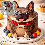 A charming brindle French Bulldog wearing a bright red harness sits happily on a sun-dappled dirt path, flashing a toothy grin with one striking blue eye and one brown eye, casting a playful shadow on the ground.