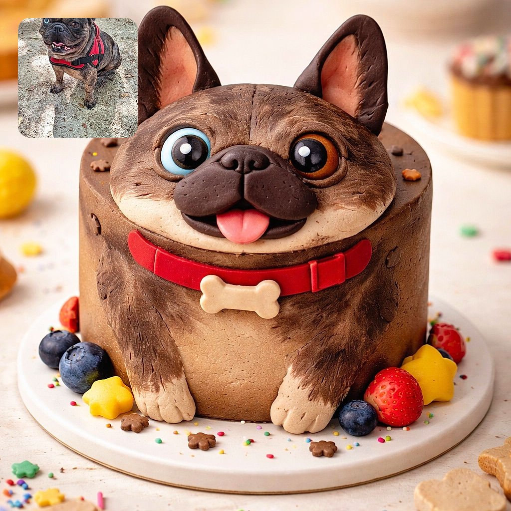 A charming brindle French Bulldog wearing a bright red harness sits happily on a sun-dappled dirt path, flashing a toothy grin with one striking blue eye and one brown eye, casting a playful shadow on the ground.