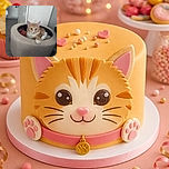 An adorable orange kitten sits proudly in a plush round pet bed, staring into the camera like it has just been elected president of the household. Colorful toys and a cozy indoor setting complete the tiny lounge throne.