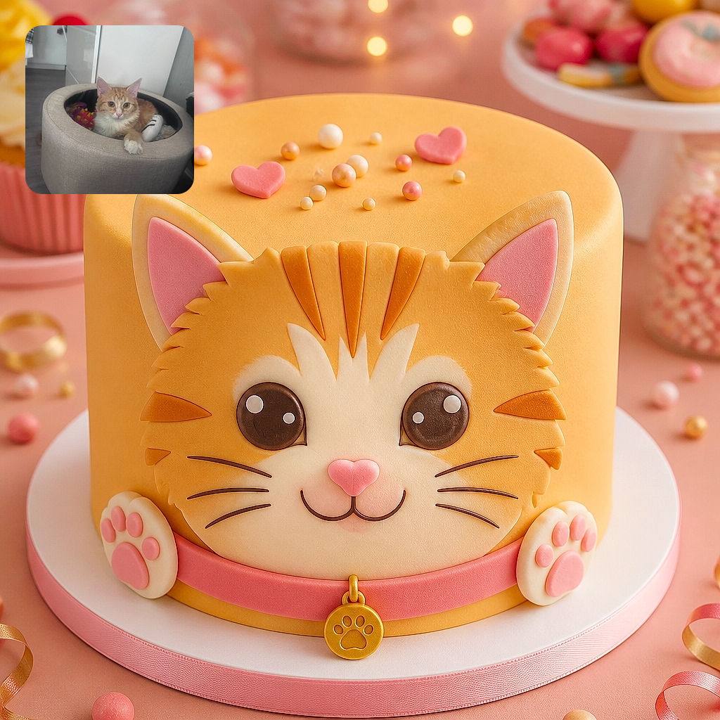 An adorable orange kitten sits proudly in a plush round pet bed, staring into the camera like it has just been elected president of the household. Colorful toys and a cozy indoor setting complete the tiny lounge throne.