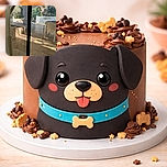 A sunlit patio seen through a screen: plastic chairs and a table catch the late light while a pale dog lounges beyond the railing like a sunbathing doormat, and a curtain on the left spectates.