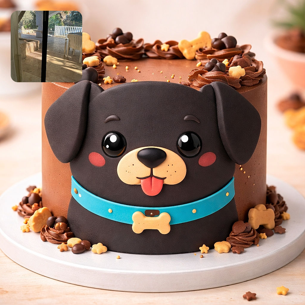 A sunlit patio seen through a screen: plastic chairs and a table catch the late light while a pale dog lounges beyond the railing like a sunbathing doormat, and a curtain on the left spectates.