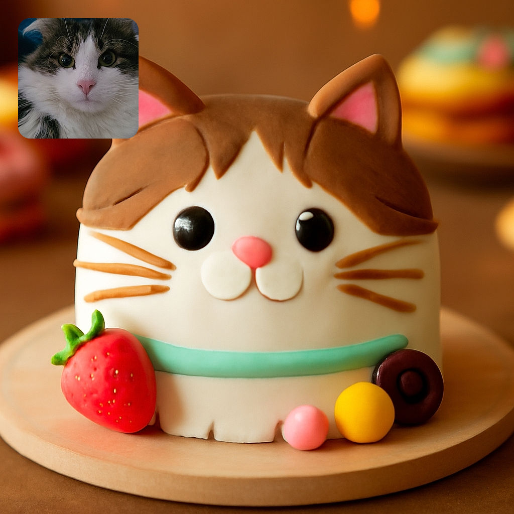 A close-up portrait of a fluffy cat with striking green eyes and a pink nose, looking curiously at the camera with a soft, cozy background.