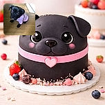 A cute black puppy wearing a pink shirt sits on a wooden floor looking up with big, curious eyes. The background shows a few household items, including a bottle and some furniture, adding to the casual home atmosphere.