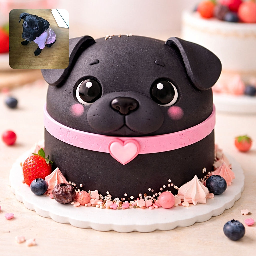 A cute black puppy wearing a pink shirt sits on a wooden floor looking up with big, curious eyes. The background shows a few household items, including a bottle and some furniture, adding to the casual home atmosphere.