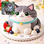 A serene gray and white cat lounges regally on a weathered stone slab surrounded by lush green plants and dry leaves, looking off into the distance as if pondering the mysteries of the garden.