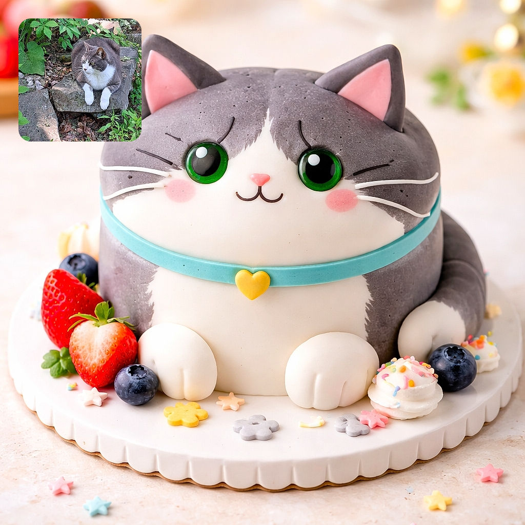 A serene gray and white cat lounges regally on a weathered stone slab surrounded by lush green plants and dry leaves, looking off into the distance as if pondering the mysteries of the garden.