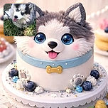 An adorable fluffy husky puppy with striking blue eyes is lying happily on the grass, tongue out and looking up as if ready to play. The natural light highlights the softness of its fur and the vibrant green grass around it adds to the cheerful outdoor vibe.