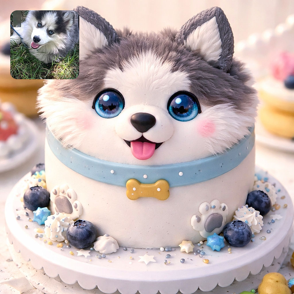 An adorable fluffy husky puppy with striking blue eyes is lying happily on the grass, tongue out and looking up as if ready to play. The natural light highlights the softness of its fur and the vibrant green grass around it adds to the cheerful outdoor vibe.
