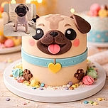 A cheerful pug puppy stands on a cozy white blanket with its tongue out, looking straight at the camera with big, shiny eyes. The background features a soft cream-colored couch and cushions, adding a warm and homely vibe to the image.