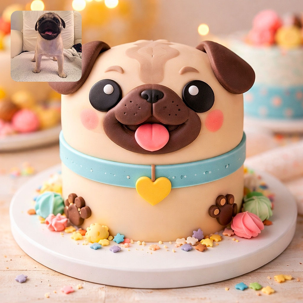 A cheerful pug puppy stands on a cozy white blanket with its tongue out, looking straight at the camera with big, shiny eyes. The background features a soft cream-colored couch and cushions, adding a warm and homely vibe to the image.