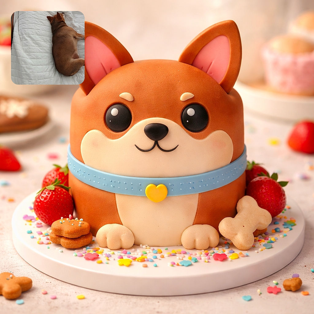 A chubby brown dog sprawled on a white quilted bed, one ear perked and its nose nudging a small mouse toy — hogging the mattress like it pays the rent. Soft natural light and a tidy background make this sleepy monarch look unbothered and utterly content.