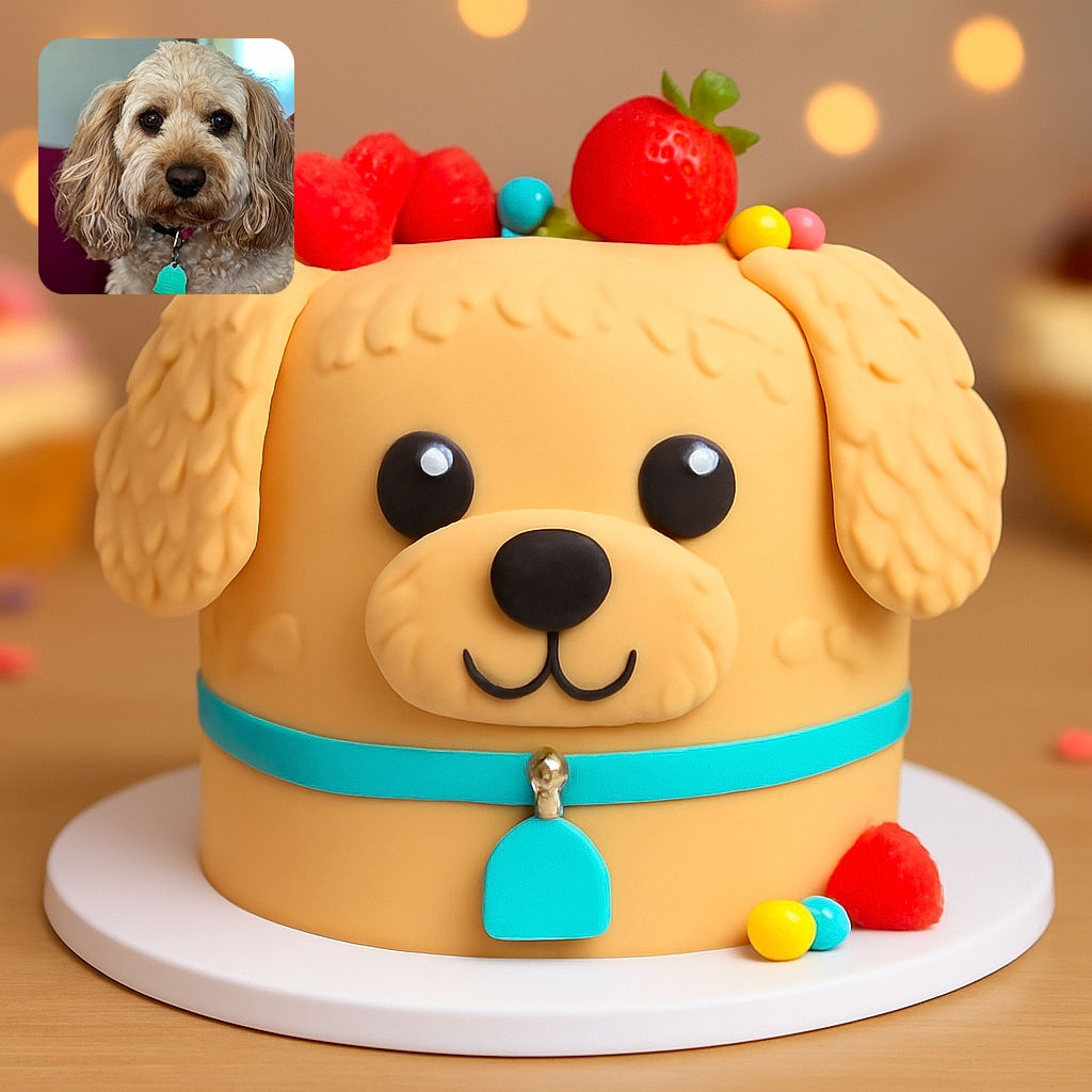 A fluffy golden doodle stares directly into the camera with soulful, shiny eyes and a slightly tousled fur coat, wearing a bright turquoise tag that pops against the soft curls. The background is softly blurred, making this adorable dog the undeniable star of the frame.