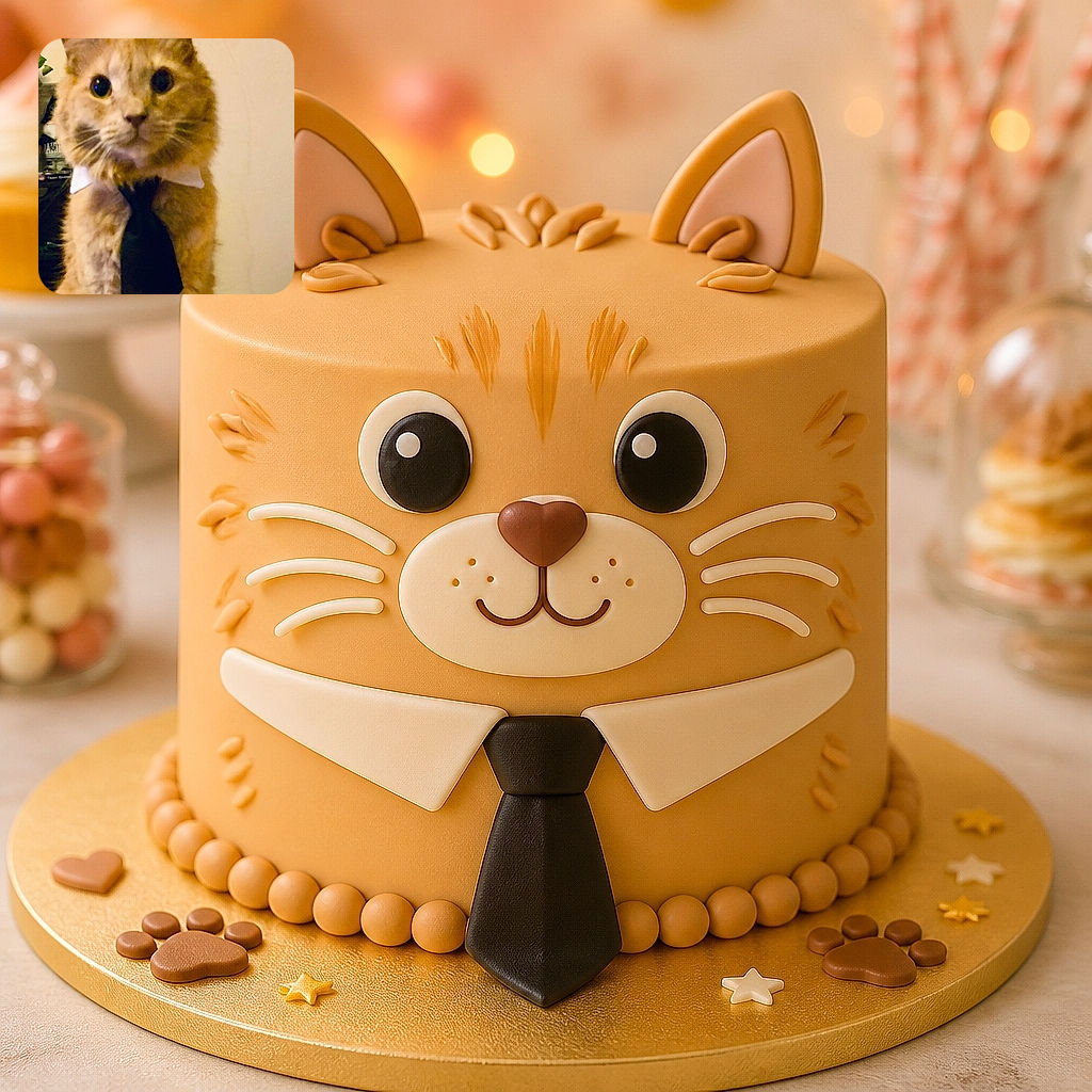 A very serious orange cat is dressed for an important board meeting, complete with a black tie and an expression suggesting the quarterly tuna report is overdue. It sits proudly indoors against a warm wall, ready to negotiate a raise in treats.