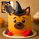 A cheerful dog lounges on a dark couch, sporting a tiny witch hat that adds a whimsical Halloween vibe to the cozy indoor scene.