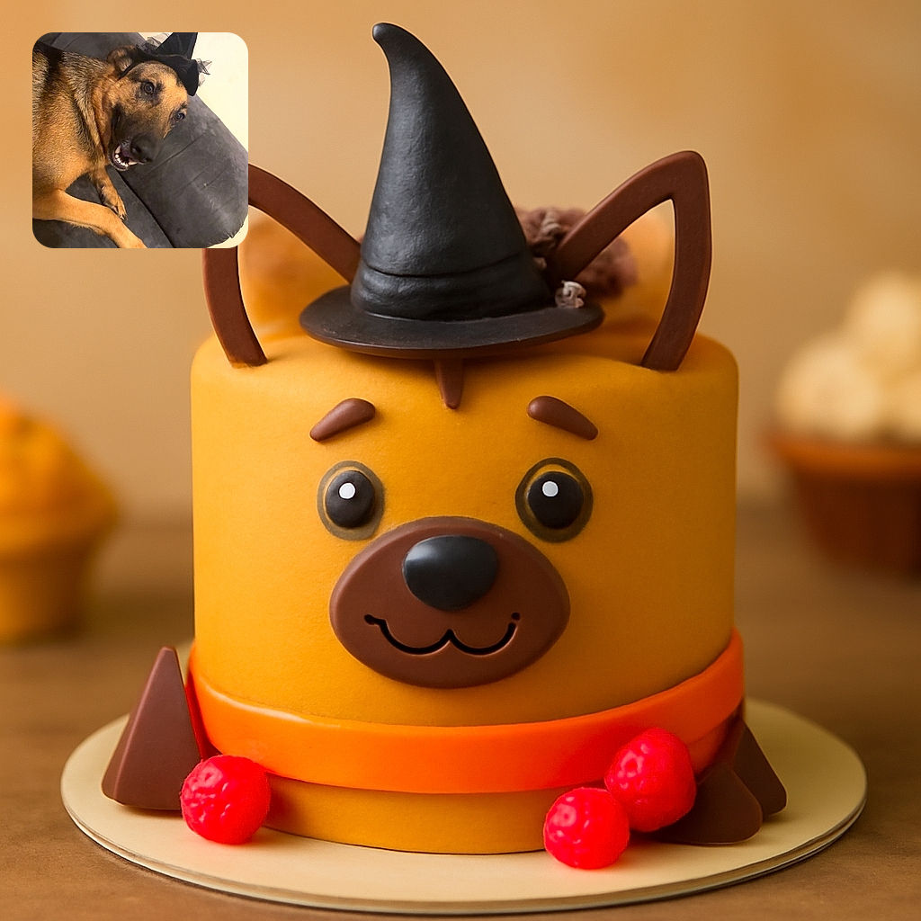 A cheerful dog lounges on a dark couch, sporting a tiny witch hat that adds a whimsical Halloween vibe to the cozy indoor scene.