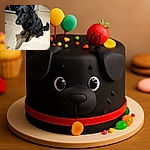 A fluffy black dog sits patiently on a light wooden floor, casting a long, distinct shadow that almost looks like a silhouette of a wolf. The dog’s shiny coat and soulful eyes make it look like it's ready for a treat or a belly rub.