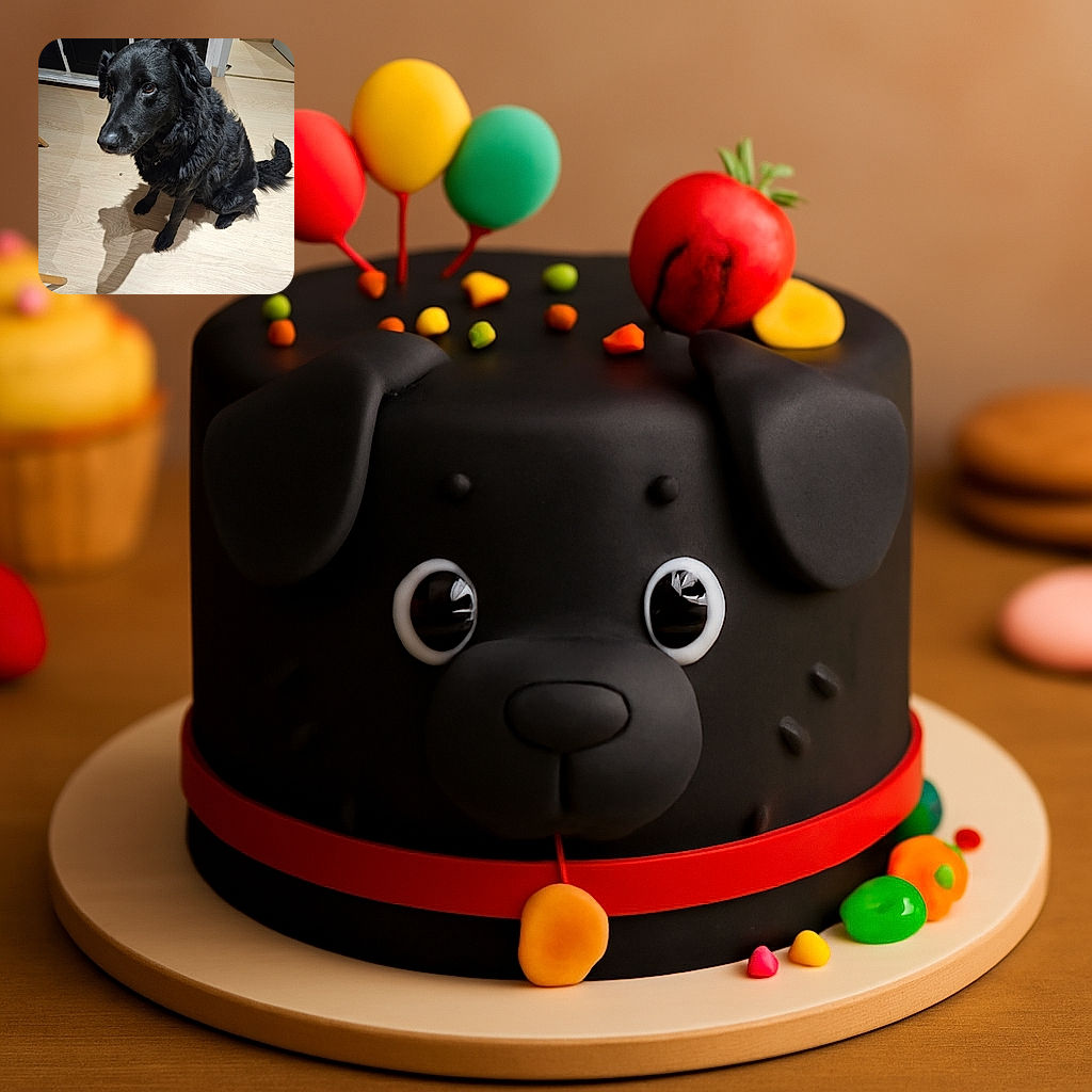 A fluffy black dog sits patiently on a light wooden floor, casting a long, distinct shadow that almost looks like a silhouette of a wolf. The dog’s shiny coat and soulful eyes make it look like it's ready for a treat or a belly rub.