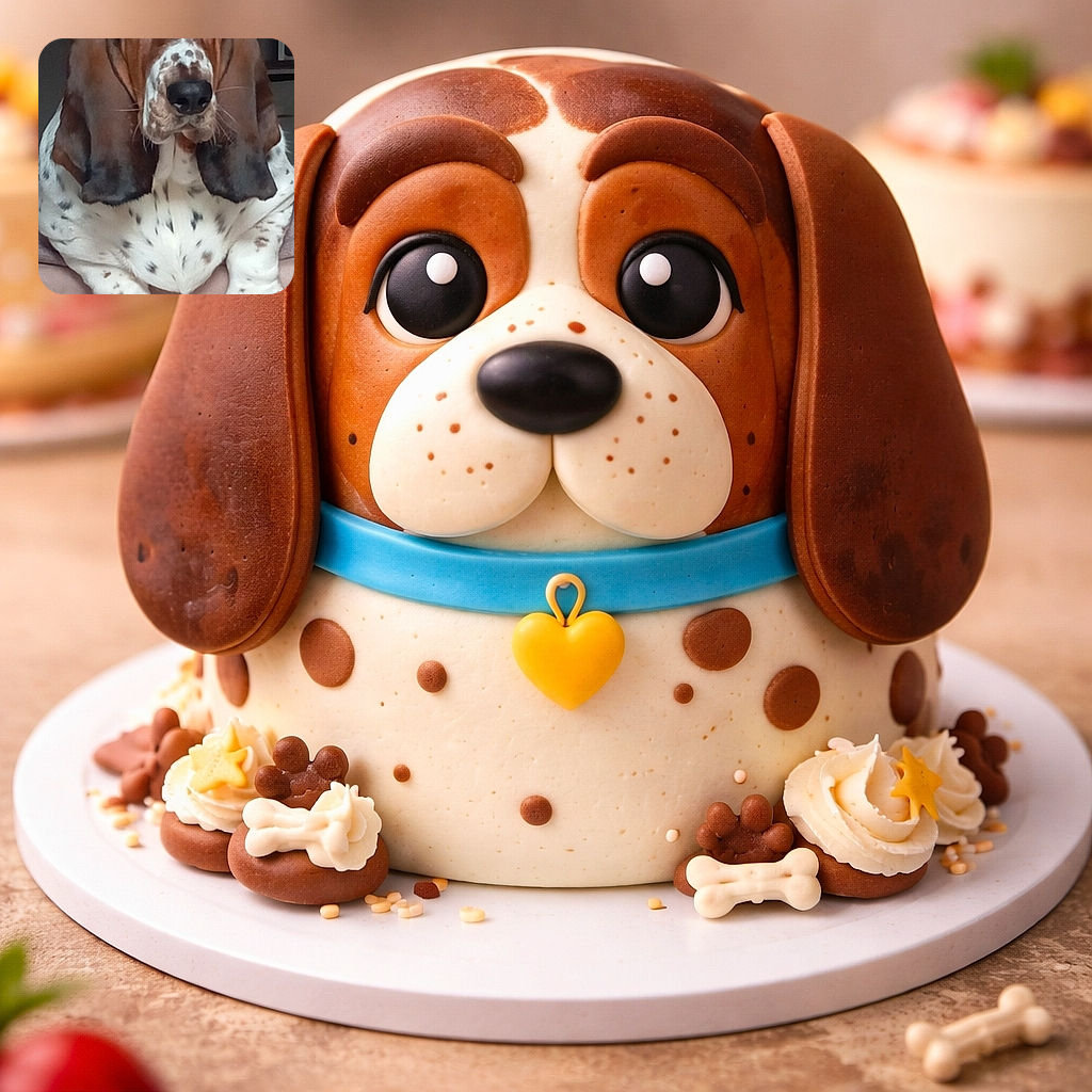 A noble basset hound stares straight at the camera with proud droopy eyes and velvet-long ears framing a spotted snout. The dog lounges with oversized front paws draped over the couch; behind it a softly lit shelf and small decor sit in the background. The expression clearly reads: 'I've perfected the art of looking both majestic and perpetually tired.'