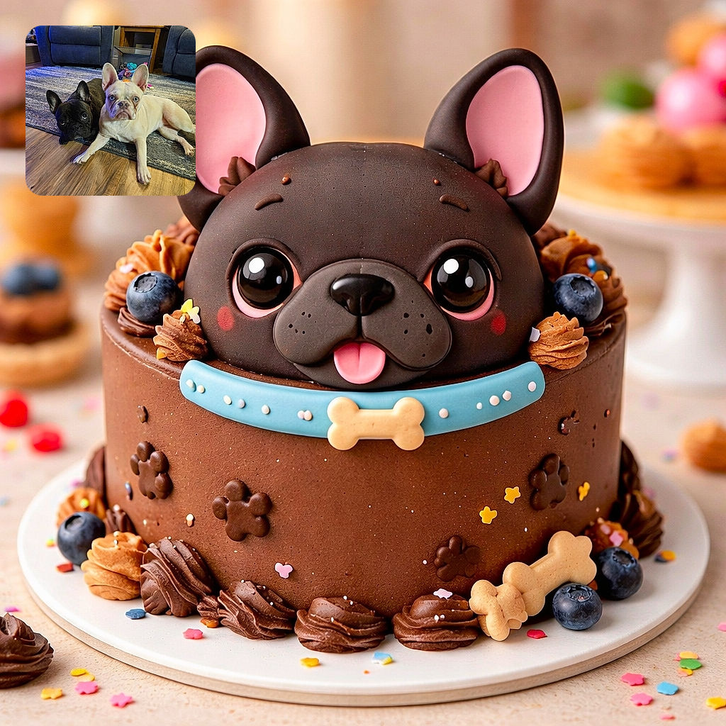 Two French bulldogs lounge like tiny, suspicious roommates — one black and one cream with icy blue eyes — staring straight at the camera while toys, armchairs and a side table populate the cozy living room background. The cream pup looks like it just remembered where the treats are; the black pup is plotting how to get them.