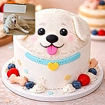 A fluffy white dog is lounging comfortably on a tiled floor with its tongue out, looking happy and relaxed. The background features a shelf with decorative items including two stone busts and a small calendar, adding a cozy indoor vibe.