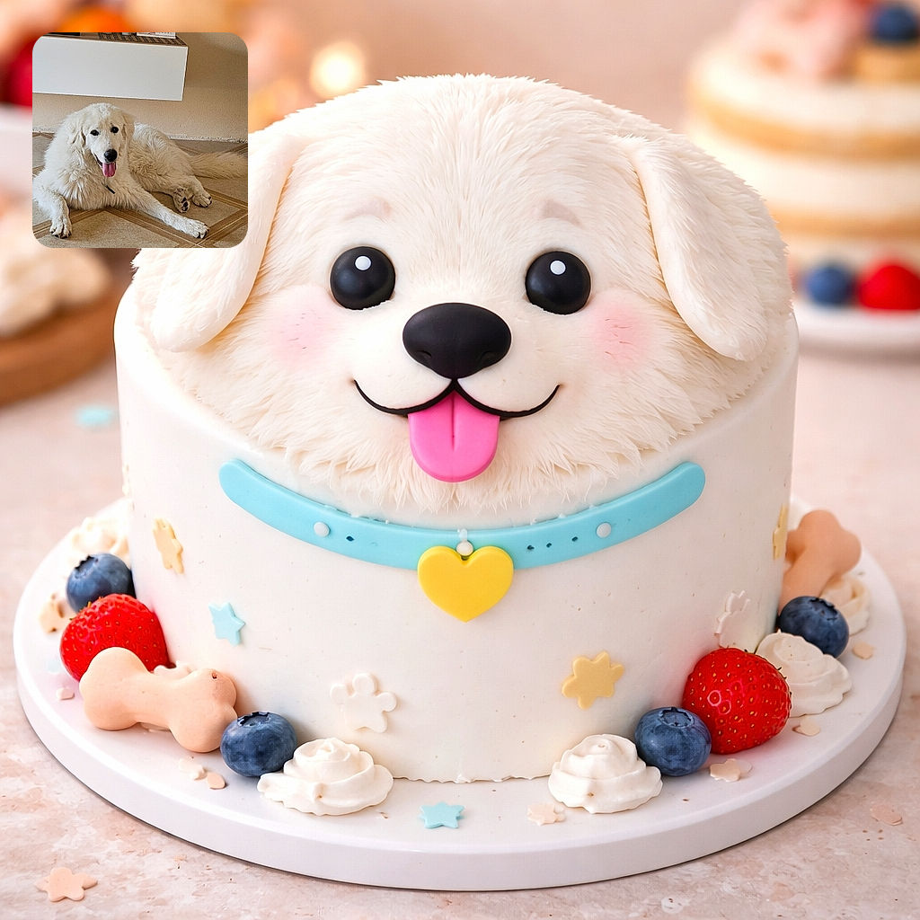 A fluffy white dog is lounging comfortably on a tiled floor with its tongue out, looking happy and relaxed. The background features a shelf with decorative items including two stone busts and a small calendar, adding a cozy indoor vibe.