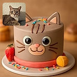 A close-up photo of a curious tabby cat with big round eyes and detailed whiskers, lounging comfortably on a dark surface against a textured beige wall background.