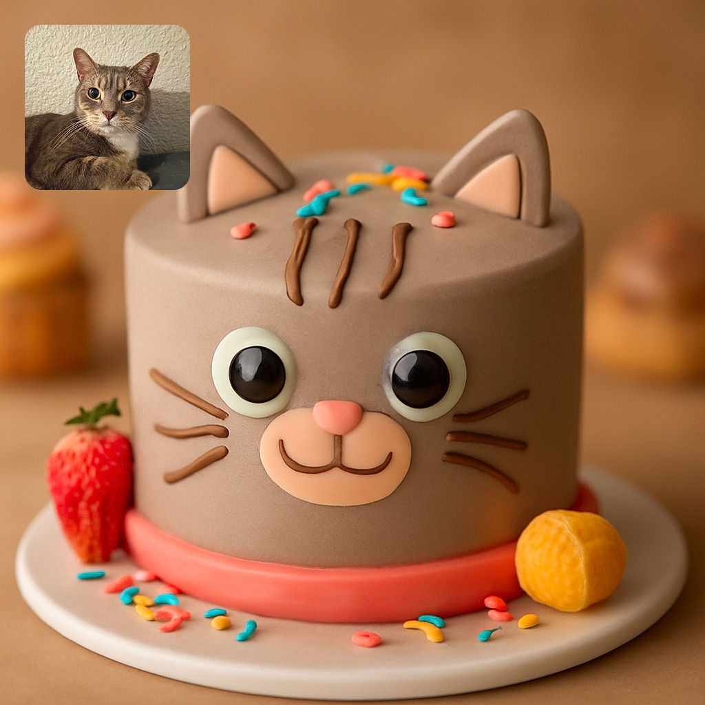 A close-up photo of a curious tabby cat with big round eyes and detailed whiskers, lounging comfortably on a dark surface against a textured beige wall background.