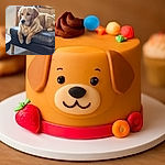 A golden retriever or similar breed is lounging comfortably on a black leather ottoman, looking relaxed and slightly pensive, with a cozy stack of pillows and framed pictures in the background, giving a homely vibe.