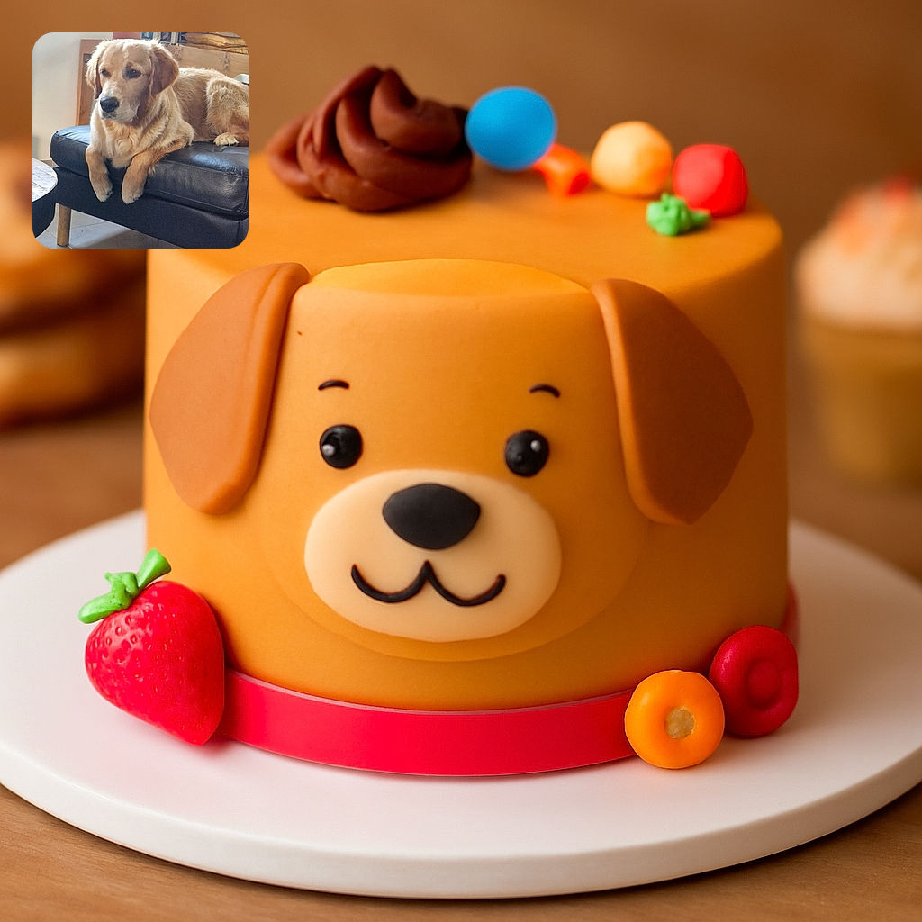 A golden retriever or similar breed is lounging comfortably on a black leather ottoman, looking relaxed and slightly pensive, with a cozy stack of pillows and framed pictures in the background, giving a homely vibe.