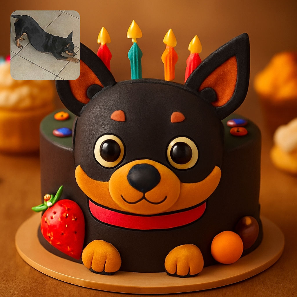 A small black and tan dog is stretching on a tiled floor, looking focused and ready for action, with its ears perked up like it's about to pounce on an invisible toy.