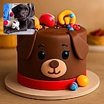 A charming chocolate labrador puppy lies on the floor clutching a fluffy white and red stuffed toy, with a cozy indoor setting featuring denim-clad legs and wooden furniture in the background.