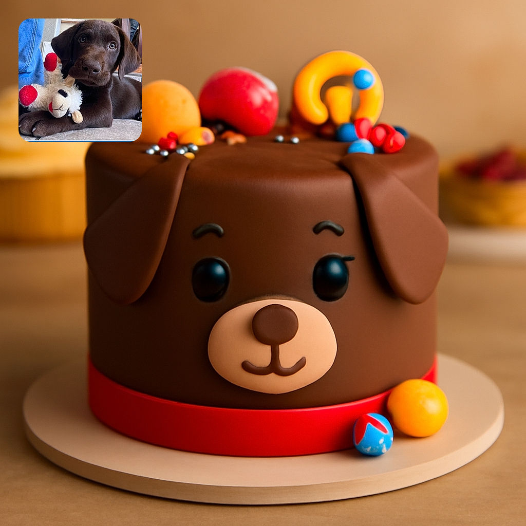 A charming chocolate labrador puppy lies on the floor clutching a fluffy white and red stuffed toy, with a cozy indoor setting featuring denim-clad legs and wooden furniture in the background.