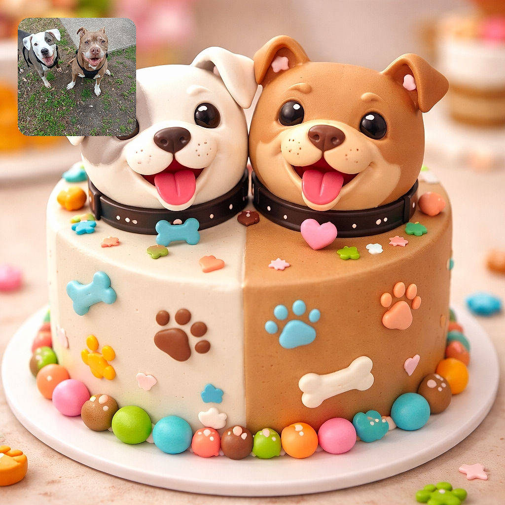 Two happy dogs wearing black harnesses look up eagerly at the camera, their smiles wide and eyes sparkling. They stand on a patchy grassy area next to a concrete sidewalk, radiating pure joy and canine charm.