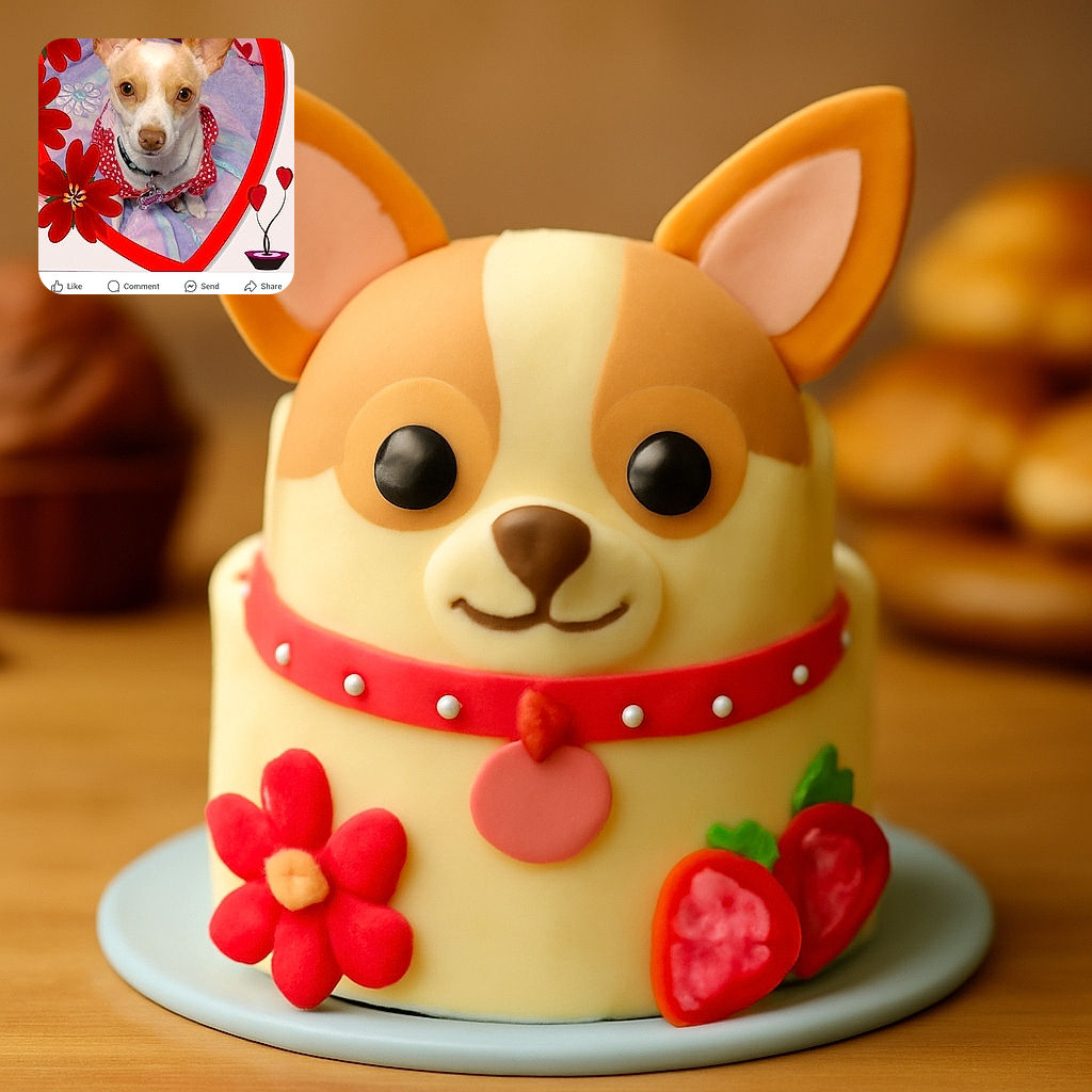 A charming small dog wearing a red polka-dot dress is framed inside a bright red heart shape with floral decorations, sitting on a colorful blanket. The image is part of a social media post congratulating the dog named Daisy for being chosen as frame of the day, with cheerful text above and social media interface elements visible around.