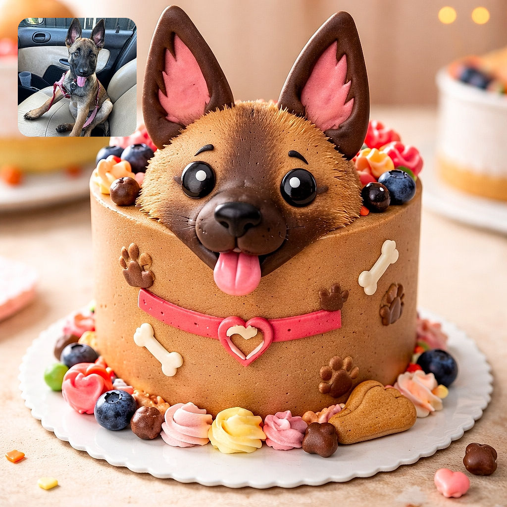 A happy, playful puppy sitting on the front passenger seat of a car, tongue out and ears perked up, with a slightly torn red harness and a smartphone lying beside it on the seat.