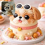 A fluffy dog wearing oversized white sunglasses sits on a cozy bed, looking off to the side with an air of cool confidence. The background shows a dresser and a softly lit room, adding to the chill indoor vibe.