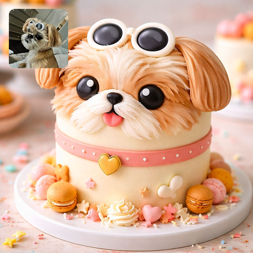 A fluffy dog wearing oversized white sunglasses sits on a cozy bed, looking off to the side with an air of cool confidence. The background shows a dresser and a softly lit room, adding to the chill indoor vibe.