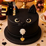 A sleek black cat with a tiny white chest patch sits like a serious little landlord, staring into the camera while posing regally on a leafy bedspread. Warm wooden furniture and cozy indoor lighting give the scene a wonderfully dramatic, feline-royalty atmosphere.